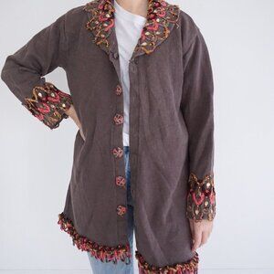 Vintage Storybook Knits Leaf Knit Button Up Long Boho Cardigan Sweater L